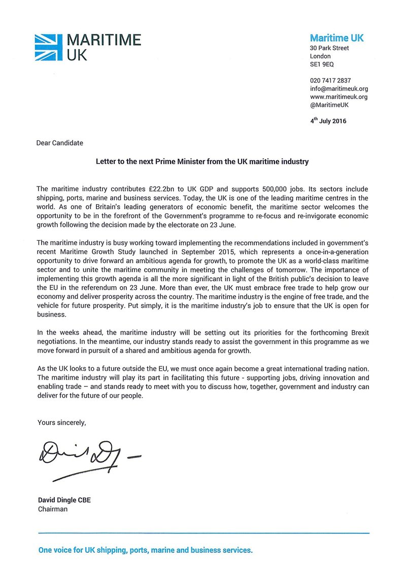 Maritime UK letter to the next Prime Minister